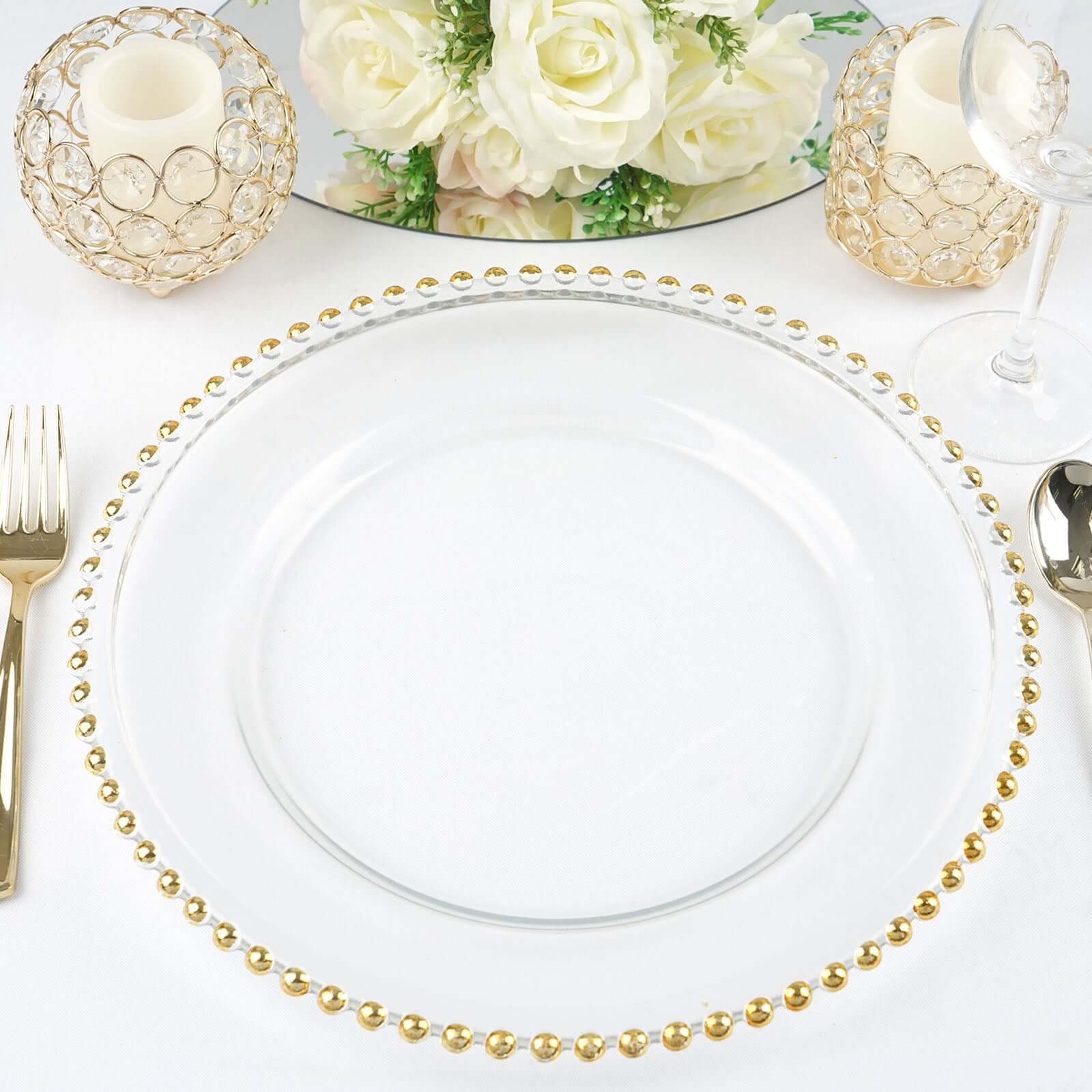 8-Pack Glass Charger Plates 12" Round Clear with Gold Beaded Rim - Event Tabletop Decorative Dinner Charger Tableware